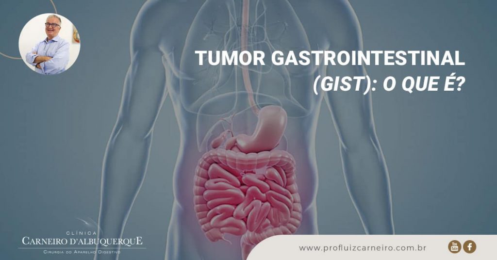 Ao fundo da imagem, há a representação de um tumor no estômago.