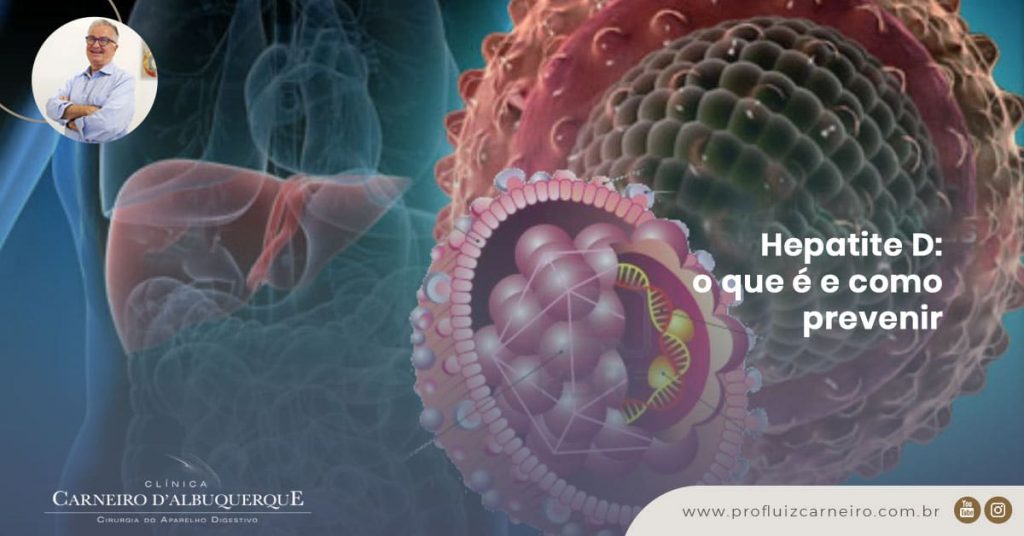 Ao fundo da imagem, há uma representação gráfica do vírus da hepatite D