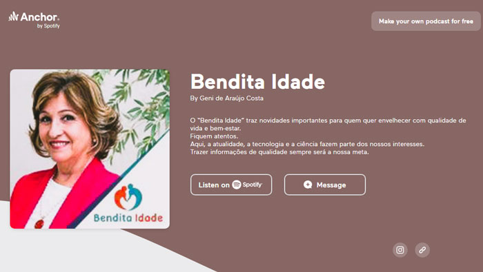 A imagem mostra a página de reprodução do podcast Bendita Idade.
