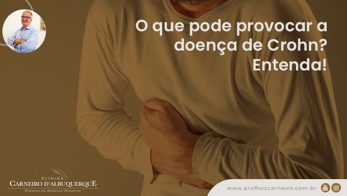 A imagem mostra um homem com as mãos na região do intestino. simulando sintomas da doença de crohn