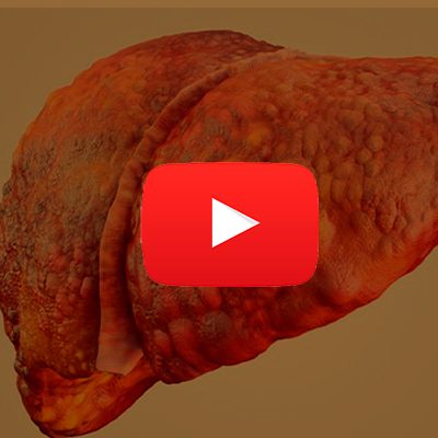 A imagem mostra uma ilustração de um fígado e o símbolo do youtube ao centro.
