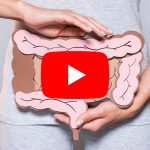 A imagem mostra uma pessoa segurando uma ilustração de um intestino