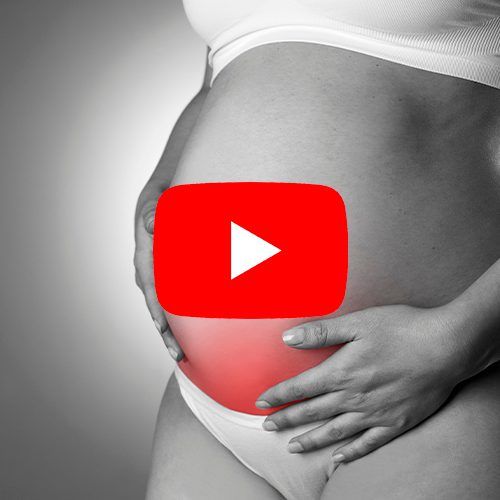 A imagem mostra a barriga de uma mulher grávida com um destaque em vermelho na região inferior