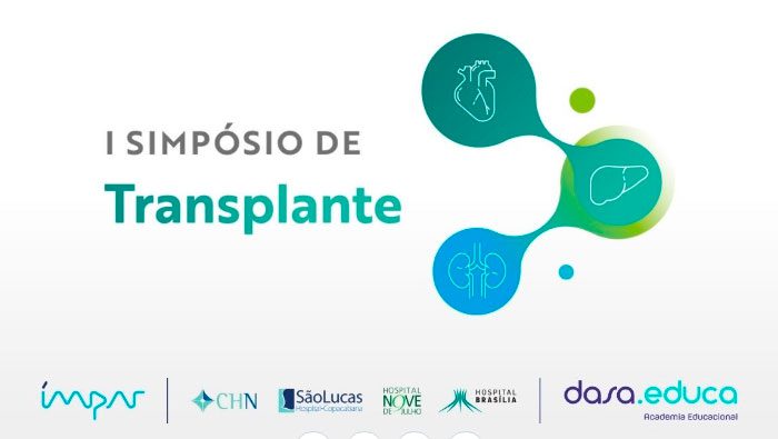 A imagem mostra o logo do evento 'Simpósio de Transplante', e ao lado, o nome do evento.