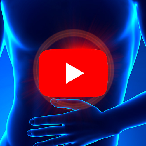 Ilustração de um corpo humano com foco na área abdominal, destacada por um brilho vermelho, sugerindo dor ou problema interno, com ícone do YouTube sobreposto.