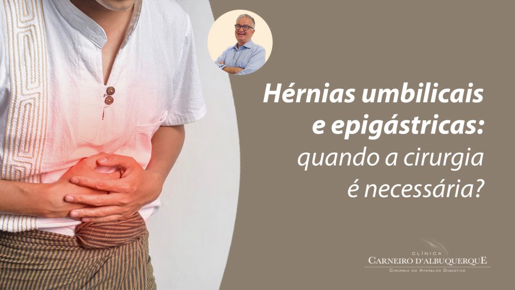 Pessoa segurando a região abdominal com expressão de dor, destacando a questão das hérnias umbilicais e epigástricas.