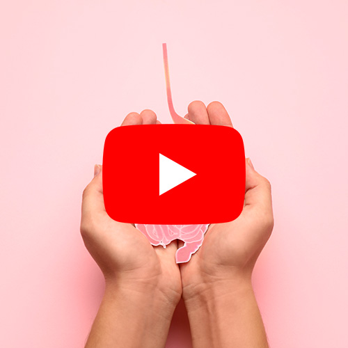 Mãos seguram ilustração de intestino sobre fundo rosa, com ícone do YouTube sobreposto ao centro da imagem.