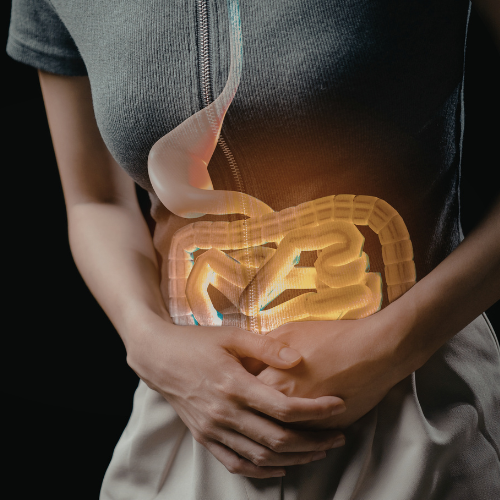 Pessoa com as mãos no abdômen e ilustração do sistema digestivo em destaque, representando doença de Crohn.